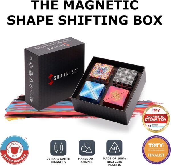 SHASHIBO paquete de 4 cajas de cambios de forma (36 imanes de tierras raras) STEM/STEAM Fidget geométrica 3D magnético transformador magnético cubo mágico