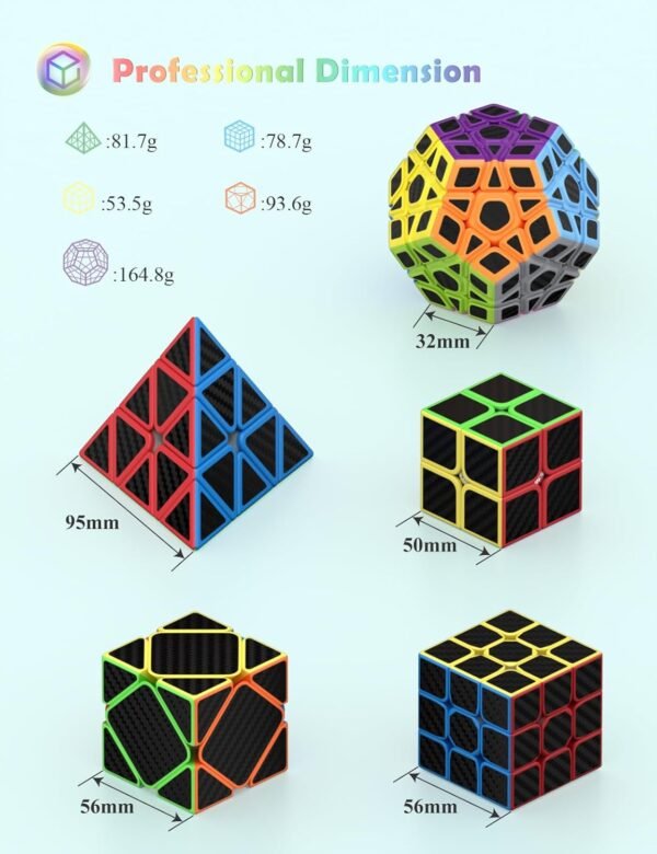 ROXENDA Cubos de Velocidad, [5 Pack] Speed Cube Set de 2x2 3x3 Pirámide Dodecaedro Skew Cube Pegatina de Fibra Carbono Magic Cube Colección Rompecabezas Juguete